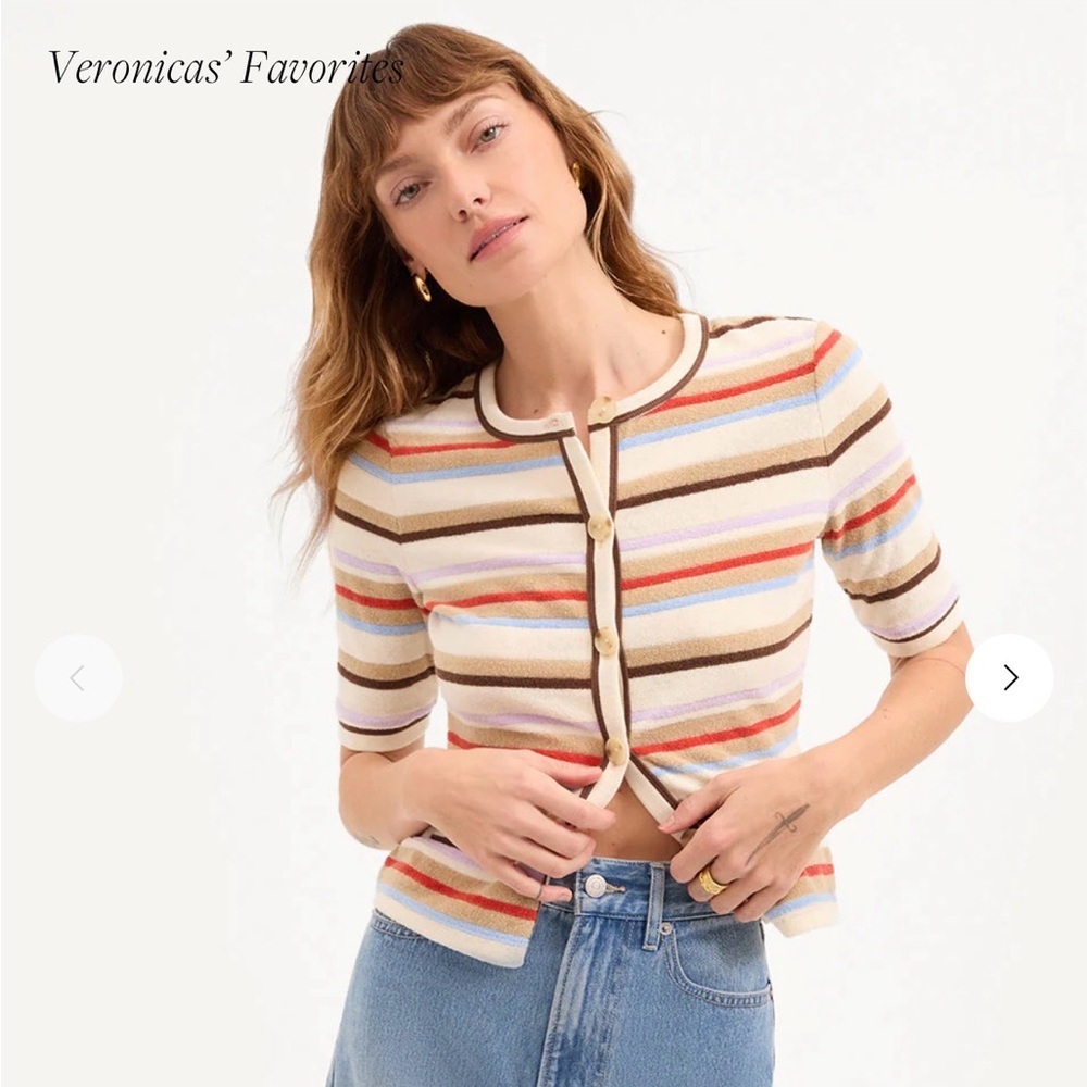 Veronica Beard NWT Brendan Cardigan Stripe Terry Cotton Button Up Stone Khaki